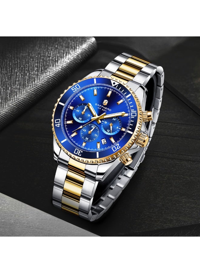 سافيرو ساعة سابفيرو كرونوغراف رجالية من الفولاذ المقاوم للصدأ، مقاومة للماء حتى عمق 50 مترًا، ساعة كوارتز تناظرية مع عرض التاريخ، ساعة كلاسيكية فاخرة وأنيقة، هدية مثالية للرجال. - Image 4